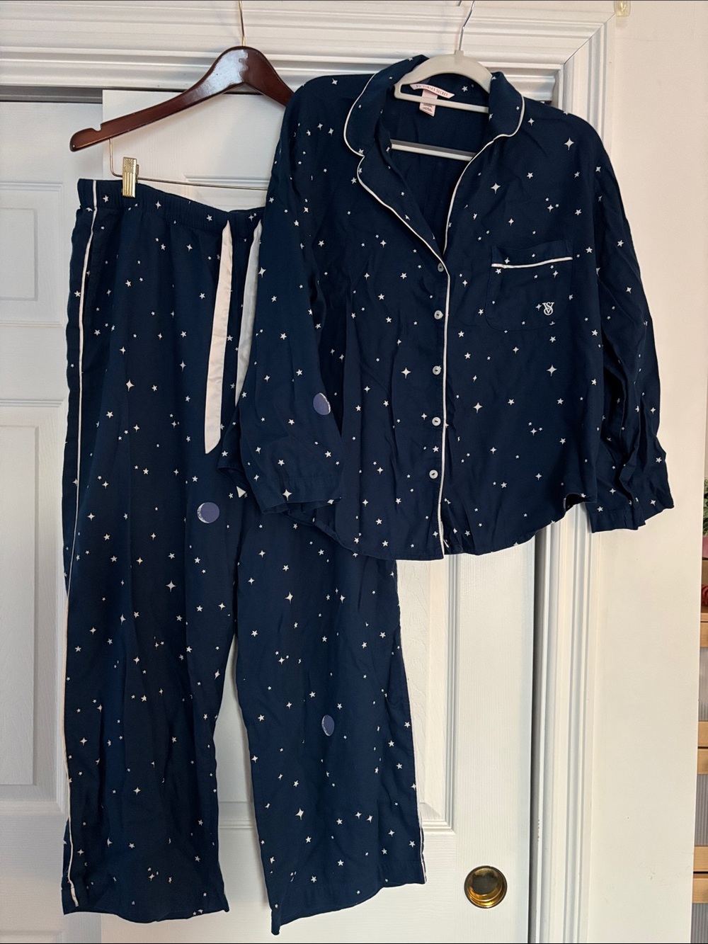 Victoria's Secret Navy Star-Print women’s  Pajama Set with White Piping Sz L